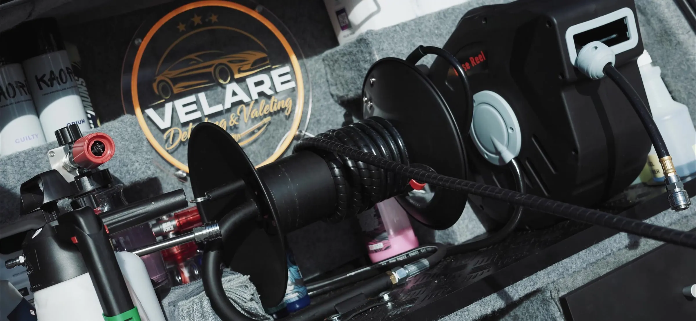 The Velare mobile detailing kit, with branded hose reel and products